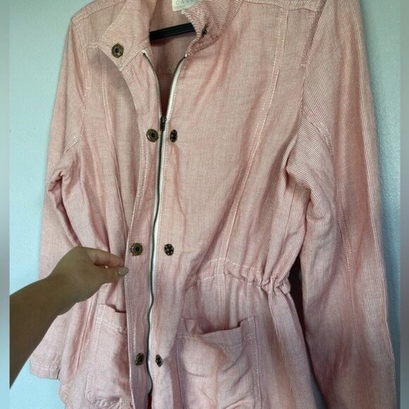 Caslon Linen Blend Red White Striped Cinch Waist Utility Jacket SZ LP Travel - Picture 4 of 12